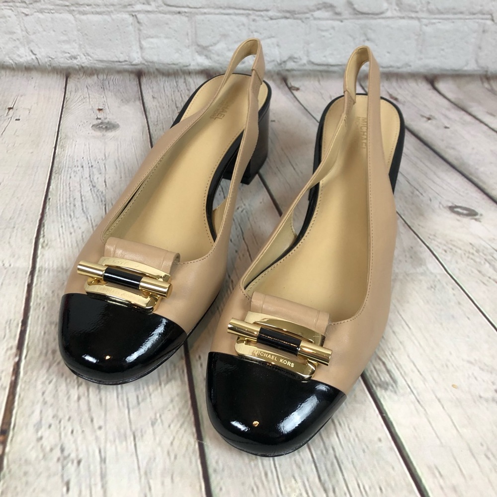 Michael Michael Kors slingback tan/black 2” Block heel cap toe NWOB 10(9.5)